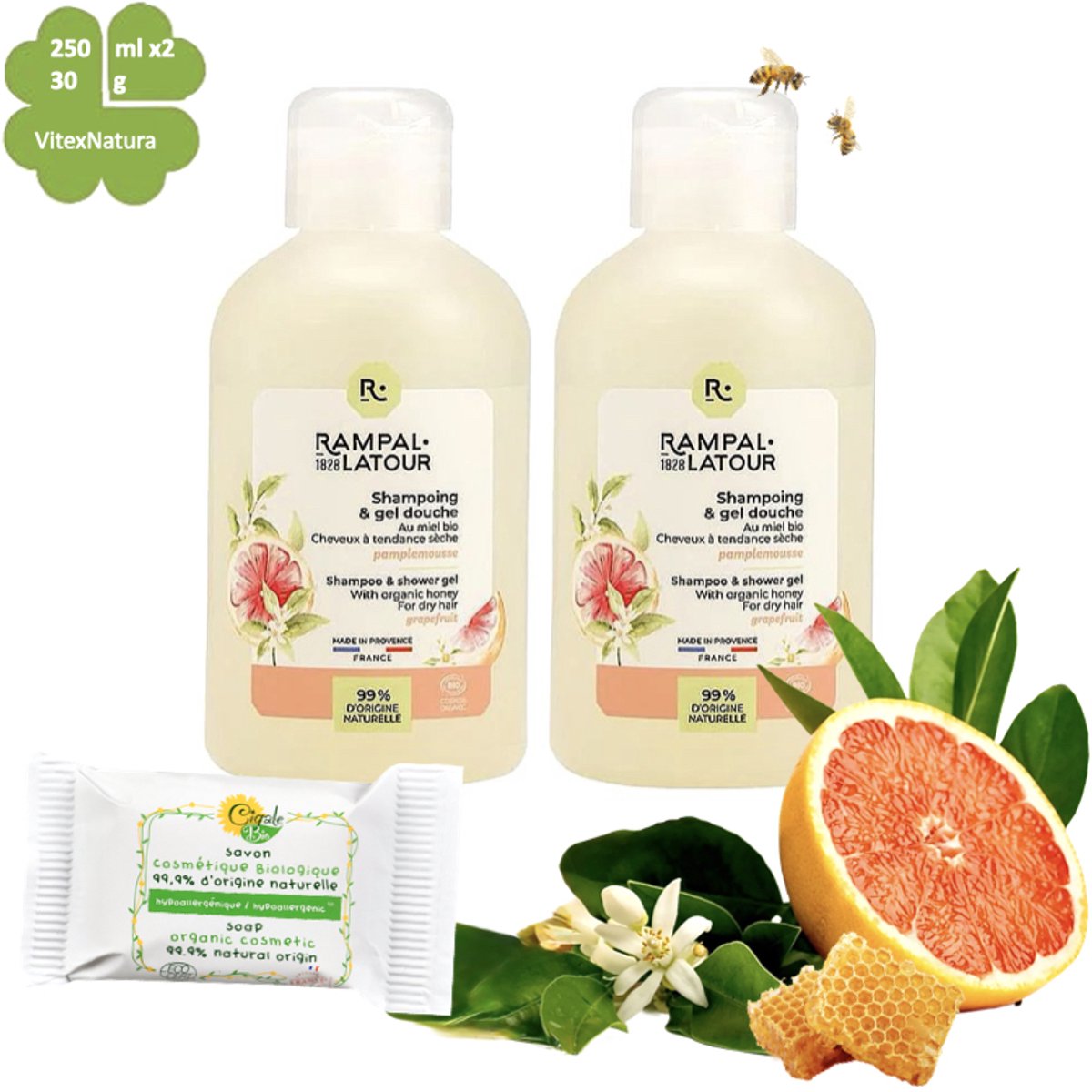 Rampal Latour 2x250ml Biologische Grapefruit 2-in-1 Shower Shampoo met Aloë Vera & Honing | gratis hypoallergeen zeepje