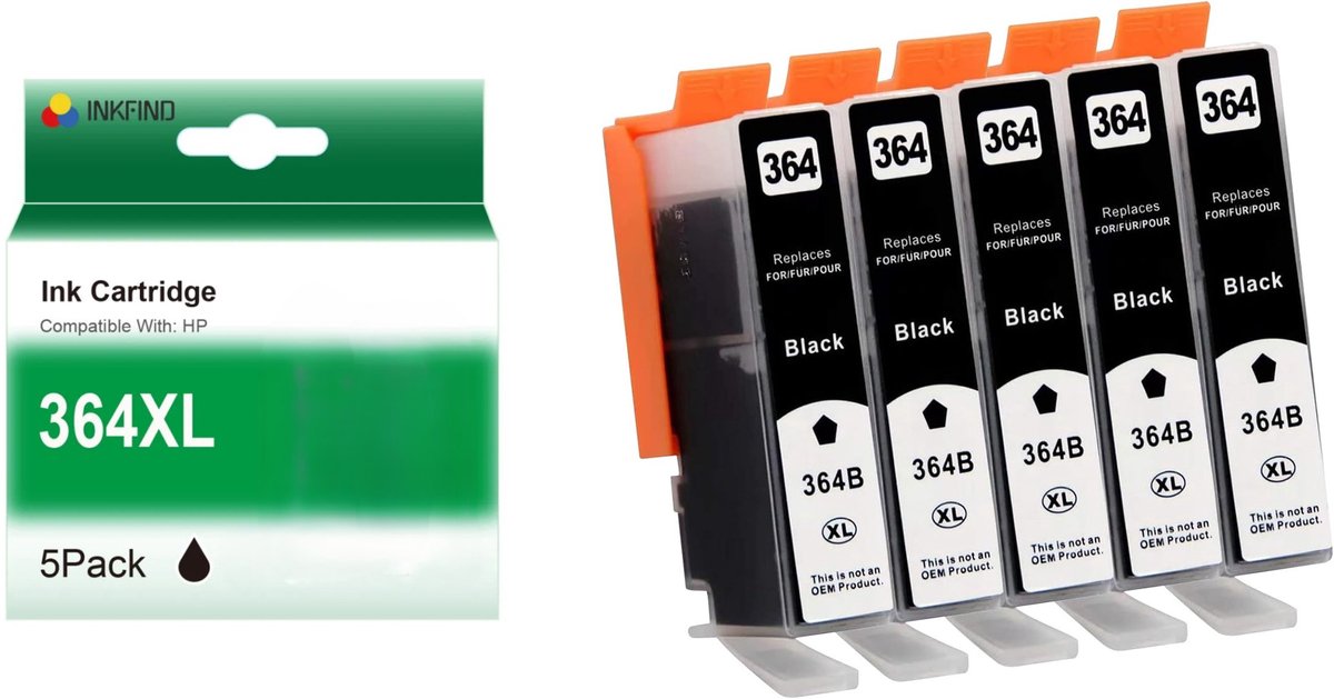 INKFIND 364XL BK CB321EE inkt van 5 stuks (Zwart x 5) Geschikt voor HP364 HP364XLBK HP364XL BK 364XLBK CB321EE Zwart BK CB321EE - 5 Pack Black