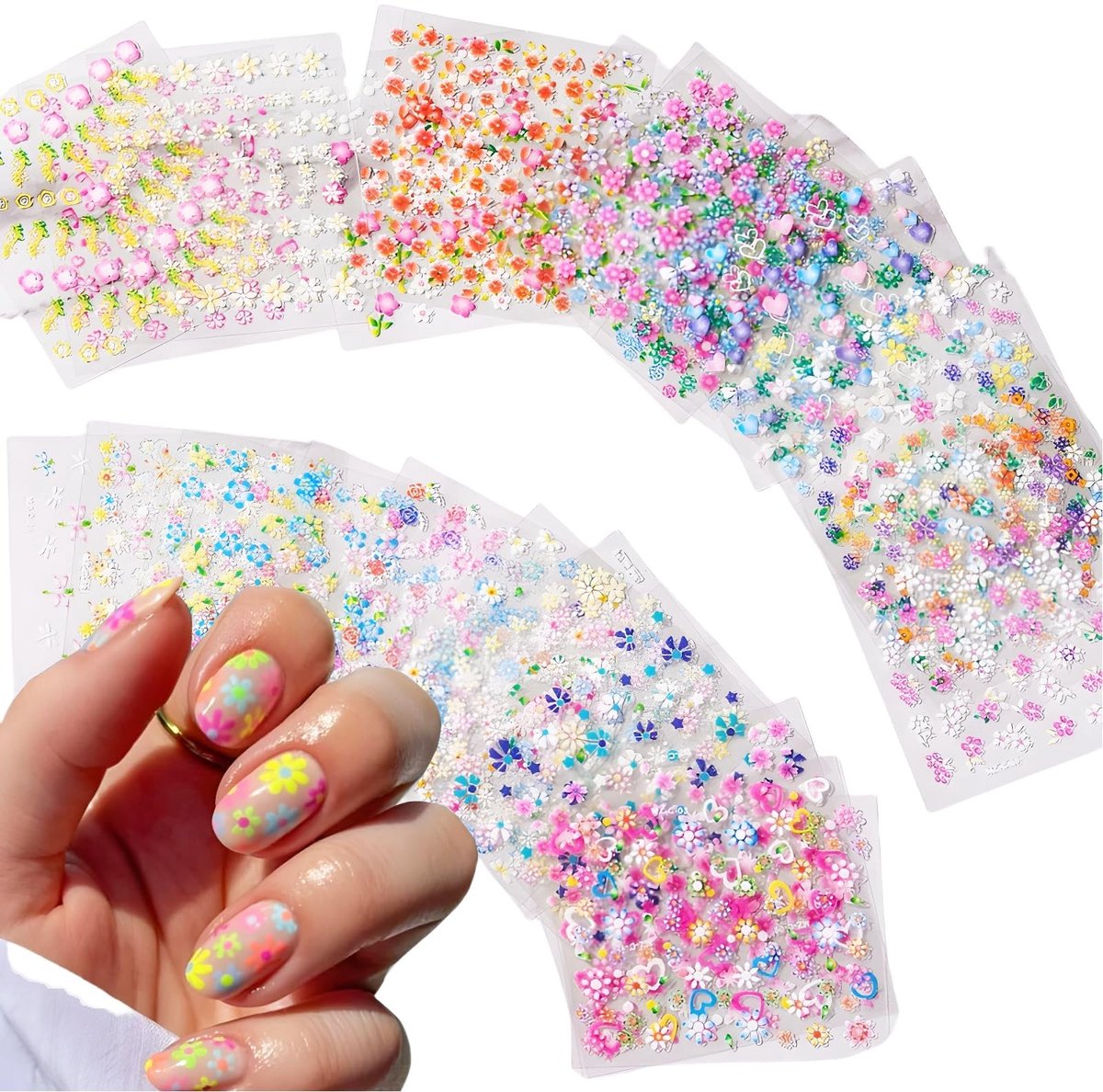 Seb3 - 30 Stuks Nagelstickers - 3D Lente Bloemen - Perfect voor DIY Nagelversiering - Kleurvol - Zelfklevend - Geschikt voor Alle Huidtypes - 15...