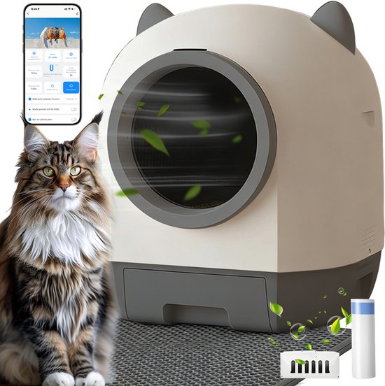 Automatische kattenbak XXL 80L zelfreinigend elektrisch met app bediening, grote capaciteit, stil, voor meerdere katten