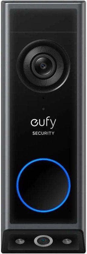 Sonnette Eufy noire avec caméra en haut et cercle bleu lumineux en bas.