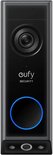 Sonnette Eufy noire avec caméra en haut et cercle bleu lumineux en bas.