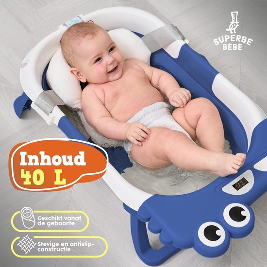 Opvouwbaar Babybadje met Badkussen en Thermometer - Inclusief Standaard, Geschikt vanaf Geboorte, Ideaal Cadeau, Blauw — afbeelding 5