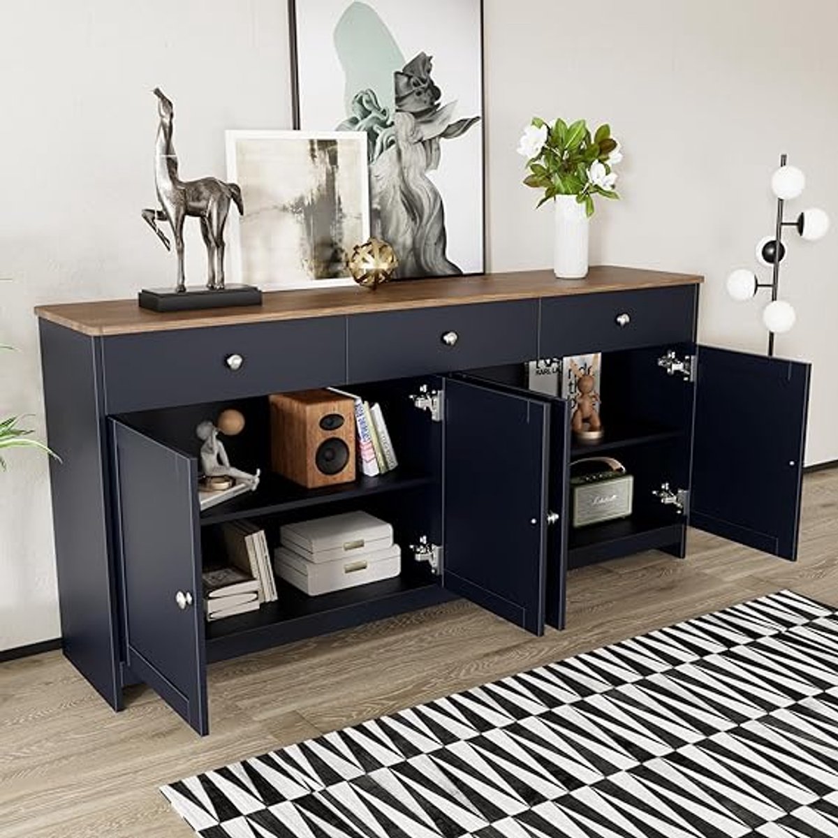 Modern Country Sideboard Kast 160 cm met 4 Deuren en 3 Lades – Houtnerf Design Grijs-Zwart en Houtkleur – Opbergkast voor Woonkamer, Eetkamer en Keuken