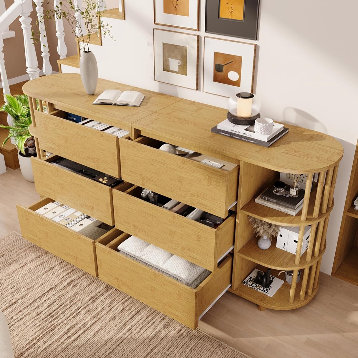 Modern Eiken Dressoir met 6 Laden en Open Bamboe Vakken - Luxe Wandkast met Romeinse Zuilen en Verstelbare Poten - 160 x 40 x 75 cm
