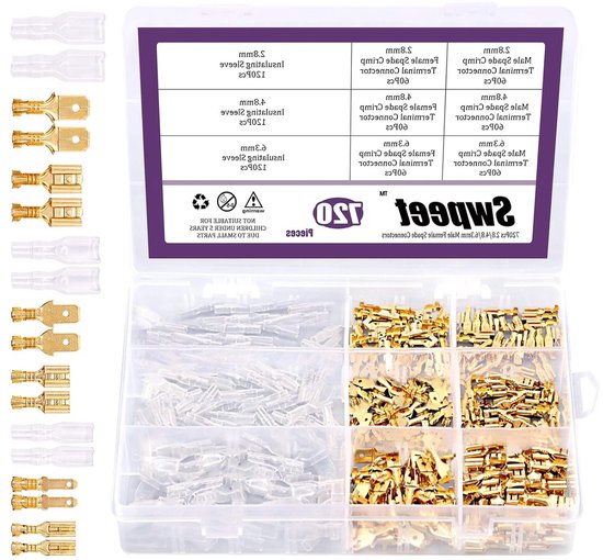 Foto: 720 stuks gouden spade connectoren voor elektrische bedrading 2 8 4 8 6 3mm male en female crimp terminals met isolerende huls assortiment kit
