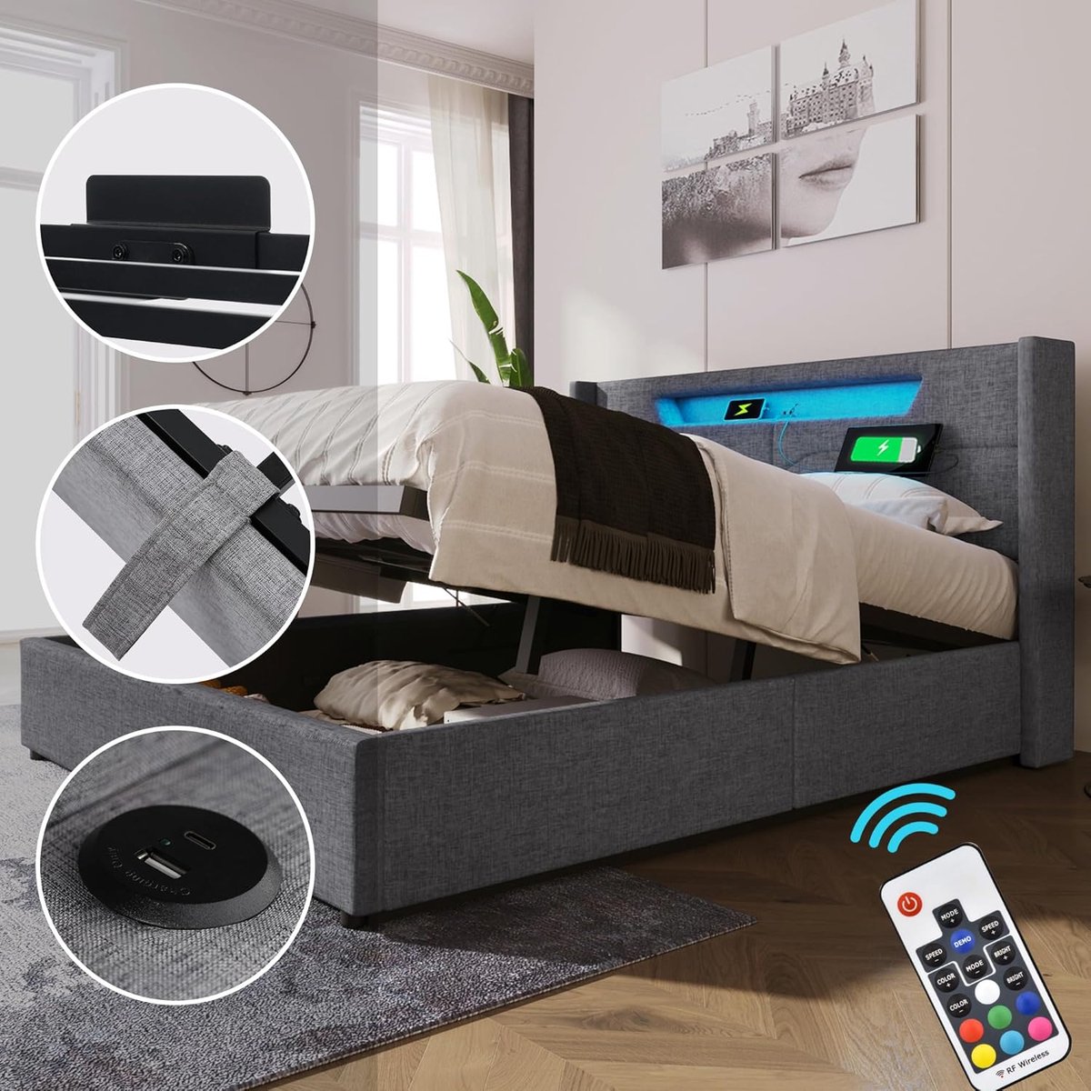 LunaStorage Luxe Gestoffeerd Bed 140x200 - Grijs - 140x200 cm - Arqam