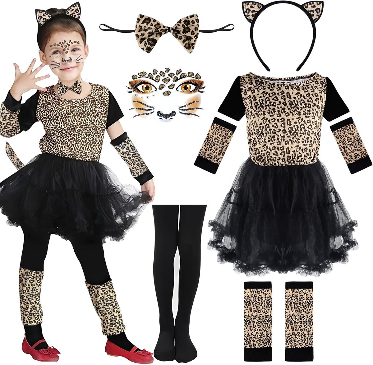 Leopard Kostuum voor Kinderen met Staart, Oren, Strik en Gezichtsstickers voor Halloween en Carnaval