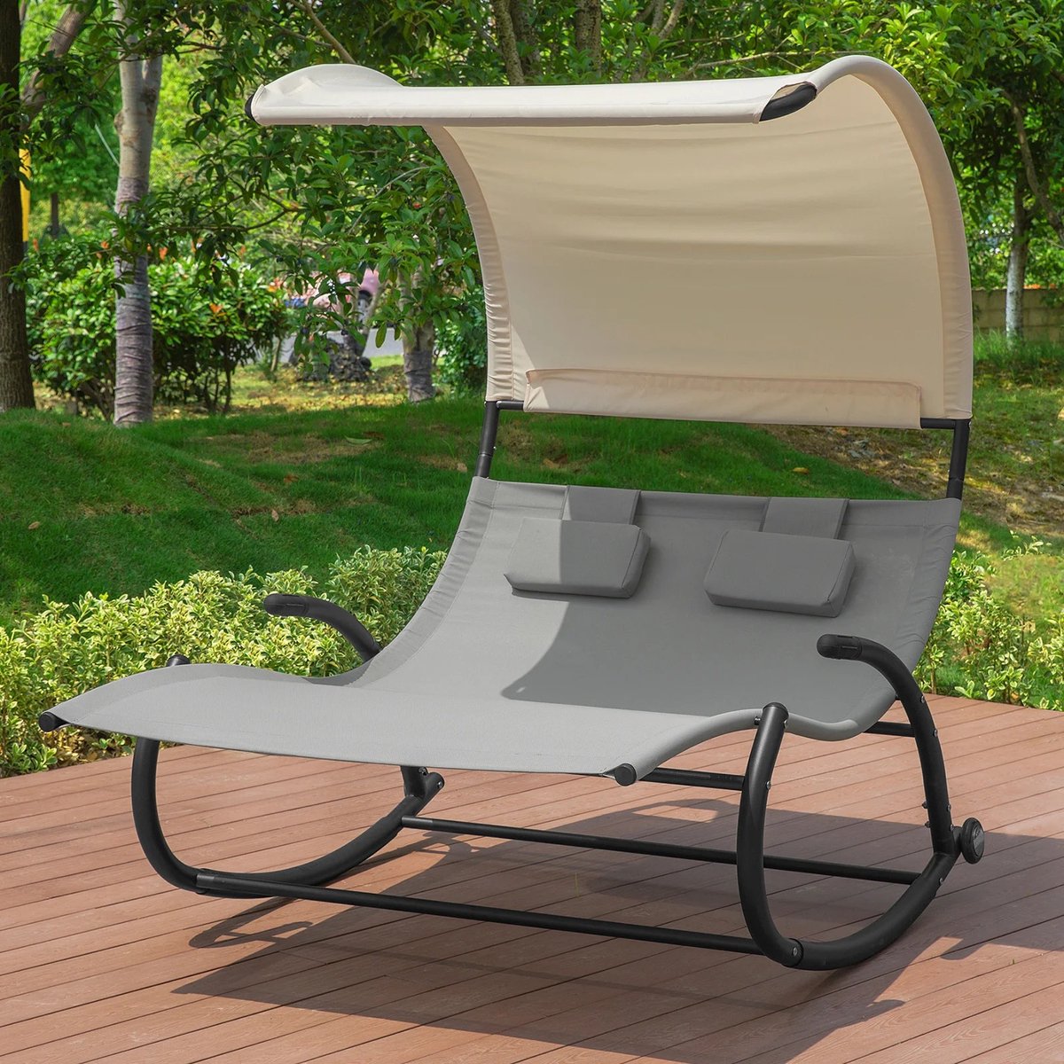 Mosh Stories 2-Persoons Zonnebank - Met Groot Zonnedak – Luxe Dubbel Ligbed met Kussens & Armleuningen - Stevig Metalen Frame