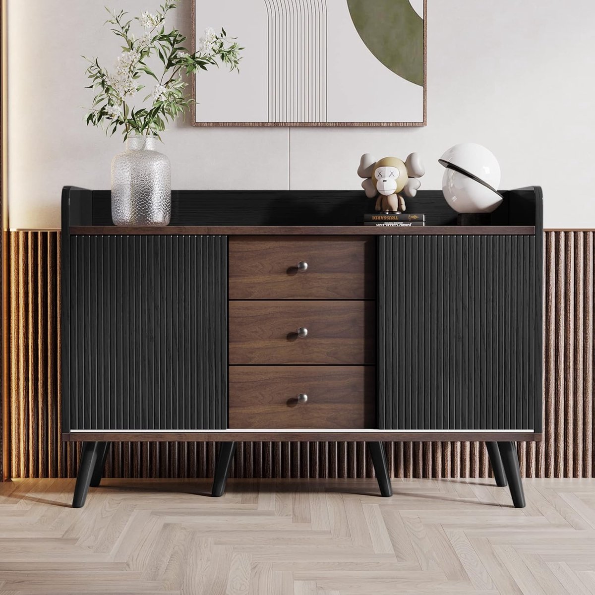 Modern Industrieel Dressoir met Schuifdeuren en 3 Lades – 117.5 x 39.5 x 80 cm