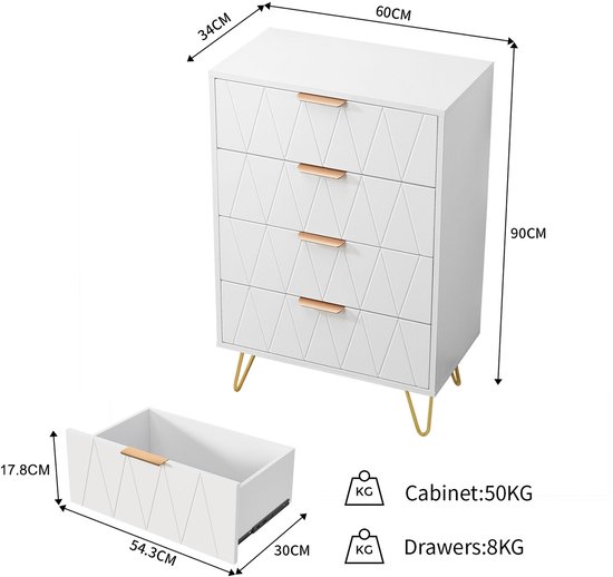 Buffet 4 tiroirs, commode, commode, meuble d'appoint, meuble étroit pour salon, chambre, couloir 60x34x90cm, blanc