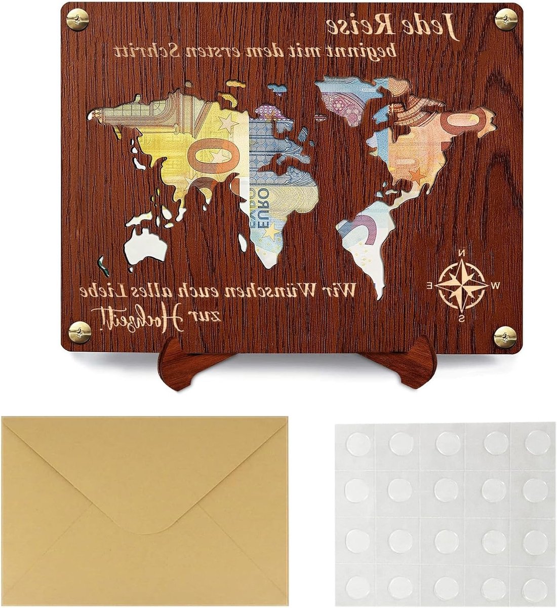 Geldcadeau voor bruiloften met 2 staanders, 1 envelop en 4 schroeven, wereldkaart ontwerp, perfect voor feesten en verjaardagen
