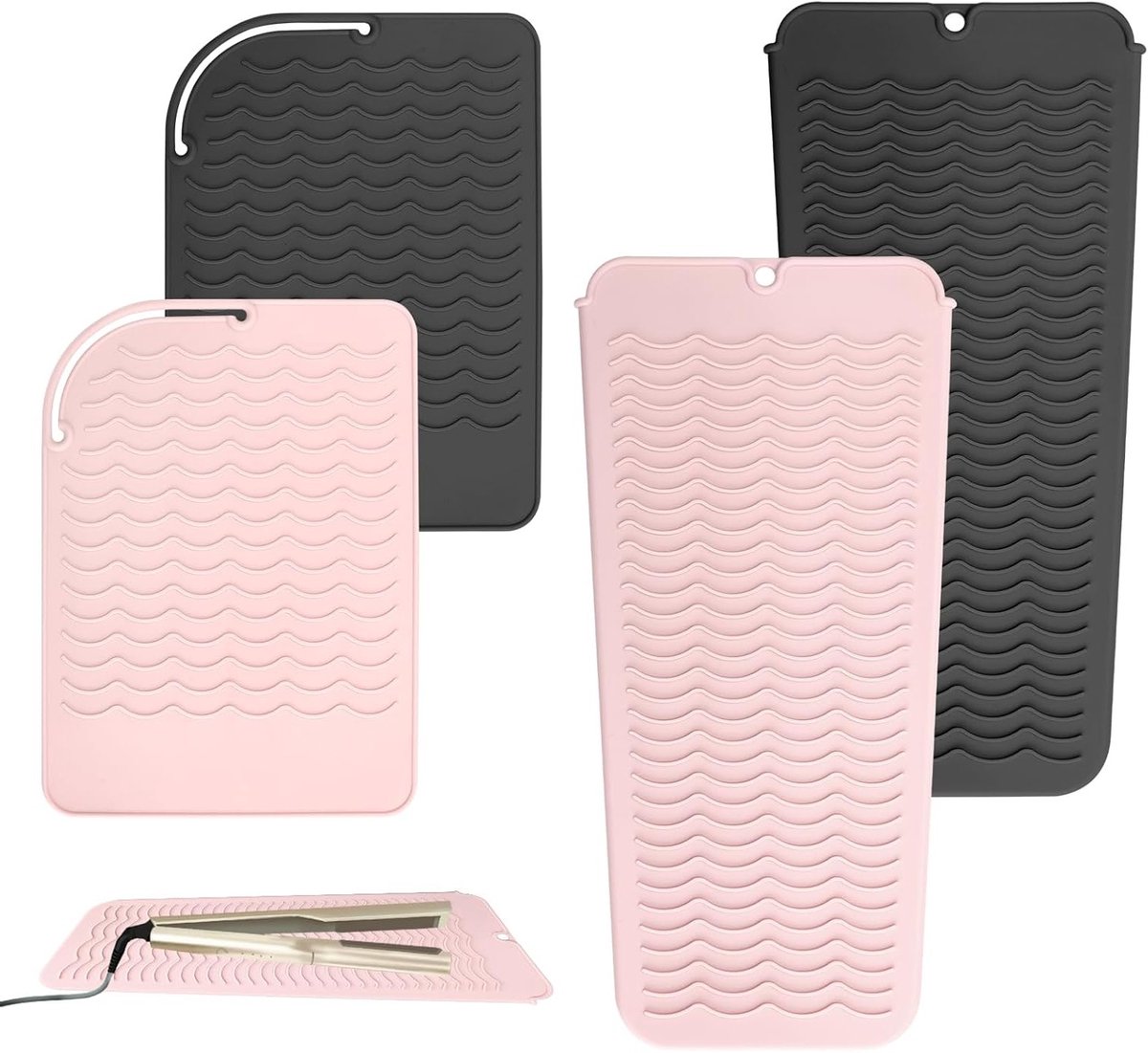 Hittebestendige Siliconen Mat met Ophanggaatje voor Krultangen en Haarstyling - 4 Stuks, Onderlegger voor Hittebescherming, Ideaal voor Föhn en Styling Tools (Roze, Zwart)