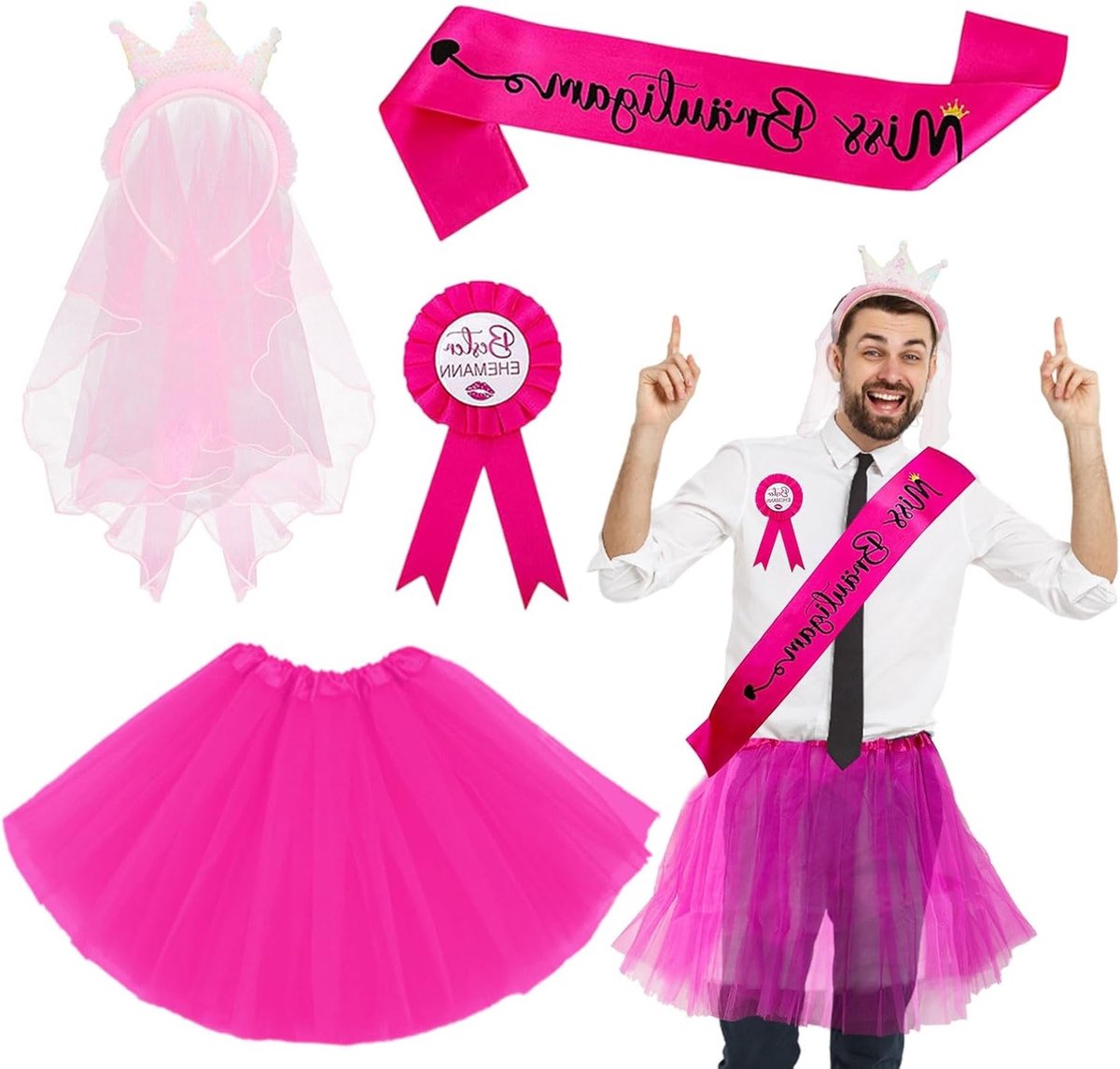 4-delige JGA Outfit voor Mannen, Inclusief Tutu, Sash en Hoofdband voor Vrijgezellenfeest en Bruiloft, Perfect voor Feestelijke Gelegenheden