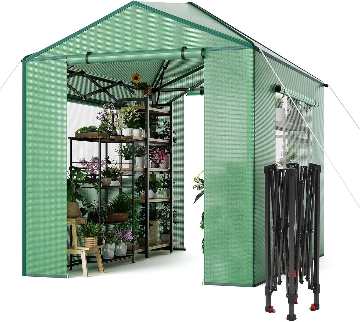 Ruime Inloop Foliekas - Pop-Up Tuinkas met PE Zeil en Gaasramen - Kweekkas voor de Tuin - 240 x 180 cm