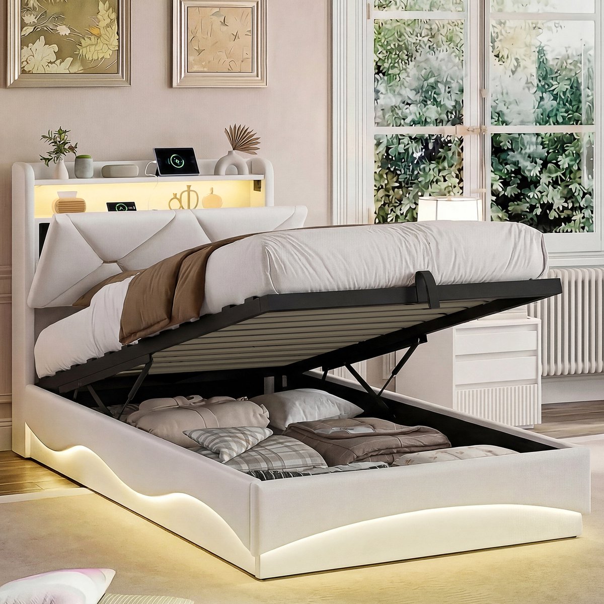 Solvenrik Opbergbed 90x200 Beige Velvet – met LED, USB & Opbergruimte