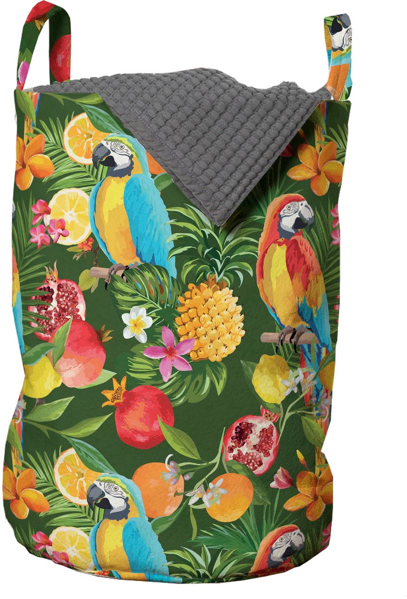 ABAKUHAUS tropische waszak, papegaaien en granaatappel, wasmand met handvatten, trekkoordje voor wasserettes, groen meerkleurig