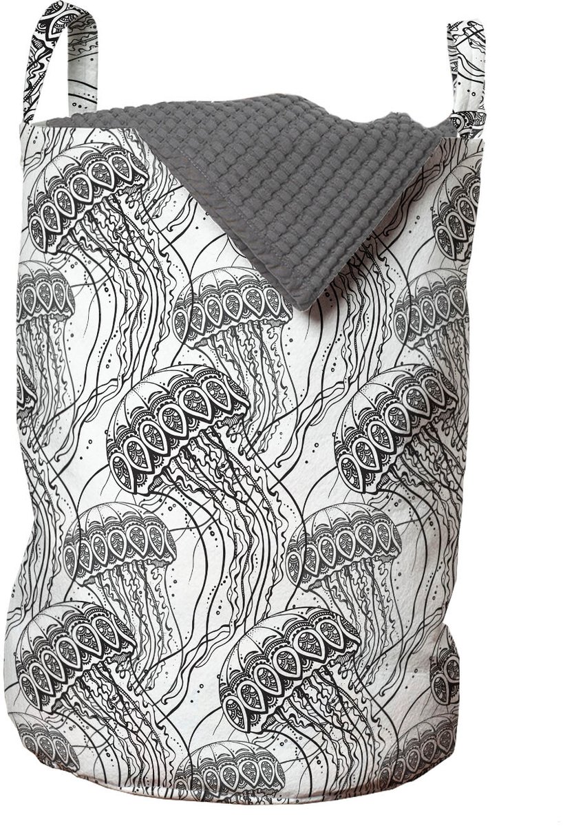 ABAKUHAUS Kwalwaszak, Zentangle oceaanwezen, wasmand met handvatten, trekkoord voor wasserettes, houtskoolgrijs en wit