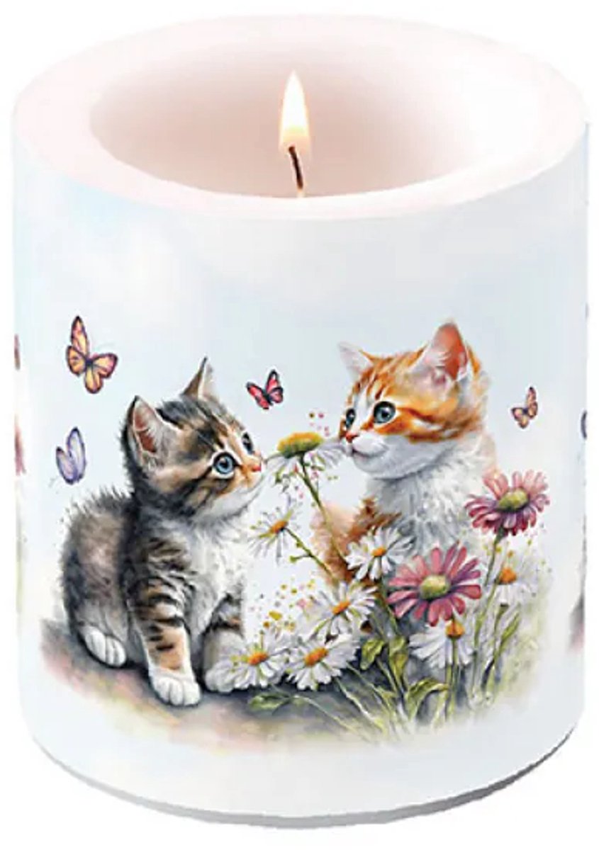 Ambiente Kaars - Medium - Kittens in flower Field - 45 branduren wit