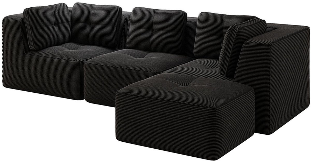 Komhtom L-vormige hoekbank zonder frame, Modulaire hoekbank, Hoekbank met chaise longue, Modulaire bank in Cord, 3-zitsbank in Cord met diepe zitting voor de woonkamer, Geen montage nodig, Zwart