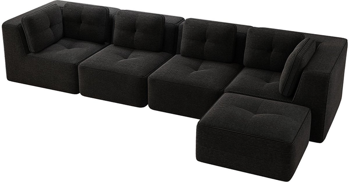 Komhtom L-hoekbank zonder armleuningen met chaise longue, comfortabele 4-zitsbank met diepe zitting, zachte kussens en bekleding van Cord, geen montage nodig en antislip, zwart