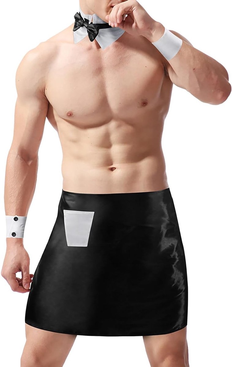 Kellner Kostuum voor Mannen met Strik en Korte Schort - Perfect voor Carnaval, Themafeesten en Hens Party