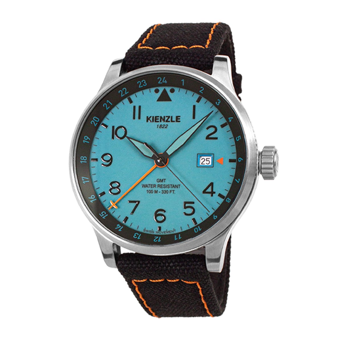 KIENZLE Horloge - Reisen - GMT Quarz KG423B - Wijzerplaat IJsblauw - Sportief Elegante Zwarte Polsband