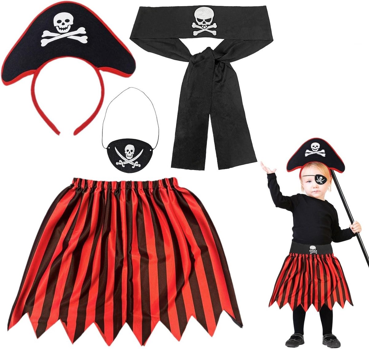 Piratenkostuum voor Meisjes - 4-delige Set met Tutu Rok, Schedelriem, Ooglapje en Hoofdband voor Carnaval en Halloween, Geschikt voor Kinderen van 3-8 Jaar