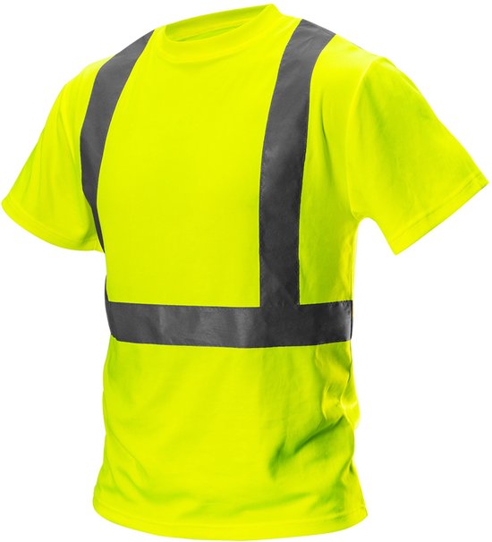 Felgeel T-shirt met korte mouwen en twee donkergrijze reflecterende banden horizontaal en verticaal.