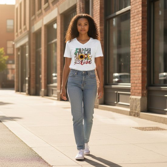 T-shirt blanc pour femmes – Col en V avec imprimé – manches courtes – coton confortable – taille M