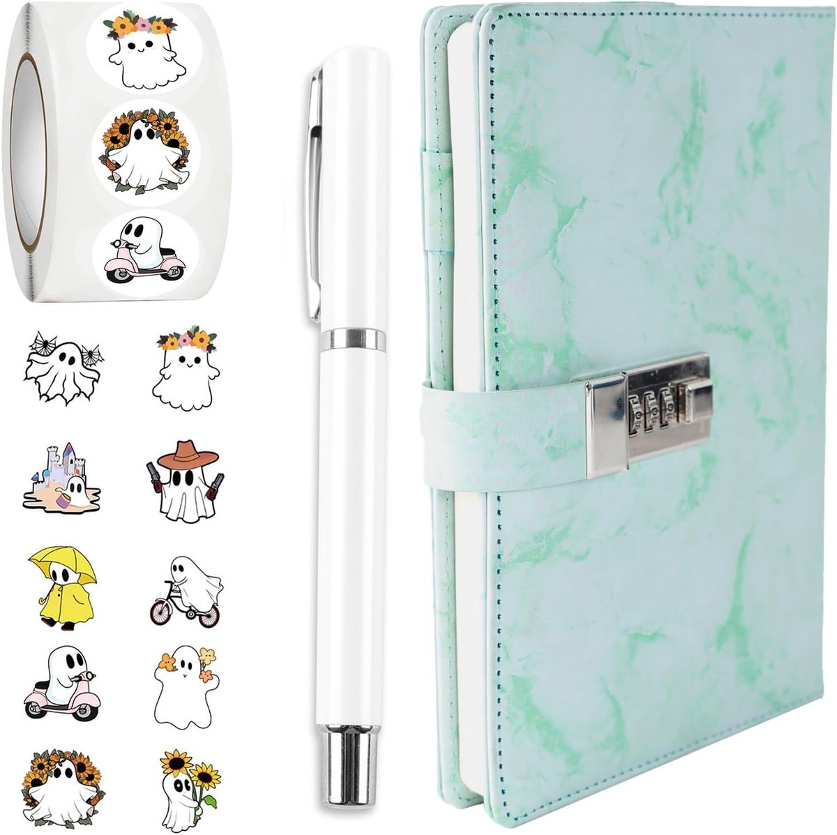 Dagboek met Slot voor Jongens en Meisjes, Journal Notitieboek met Pen en Leuke Stickerset, Herbruikbaar Faux Leer A5 Notitieboek met Veiligheidscode en Creatieve Ontwerpen