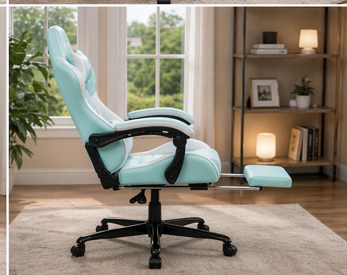 Gaming Stoel Ergonomisch met Voetensteun en Verstelbare Rugleuning 90–135° 52x62x129 cm – Kunstleren Gaming Chair met Lendensteun, Hoofdsteun en 360° Wielen – Blauw – Vermissen