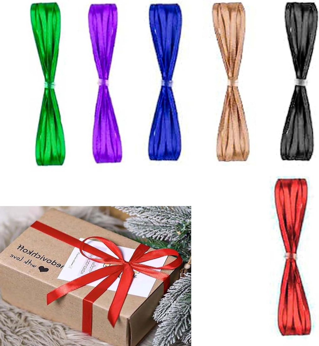 Assortiment Satijnen Linten 10m x 3mm, Dubbelzijdige Dunne Linten voor Creatieve Projecten, Feestdecoratie en Cadeaus (Blauw, Groen, Bordeauxt, Paars, Zwart, Champagne)