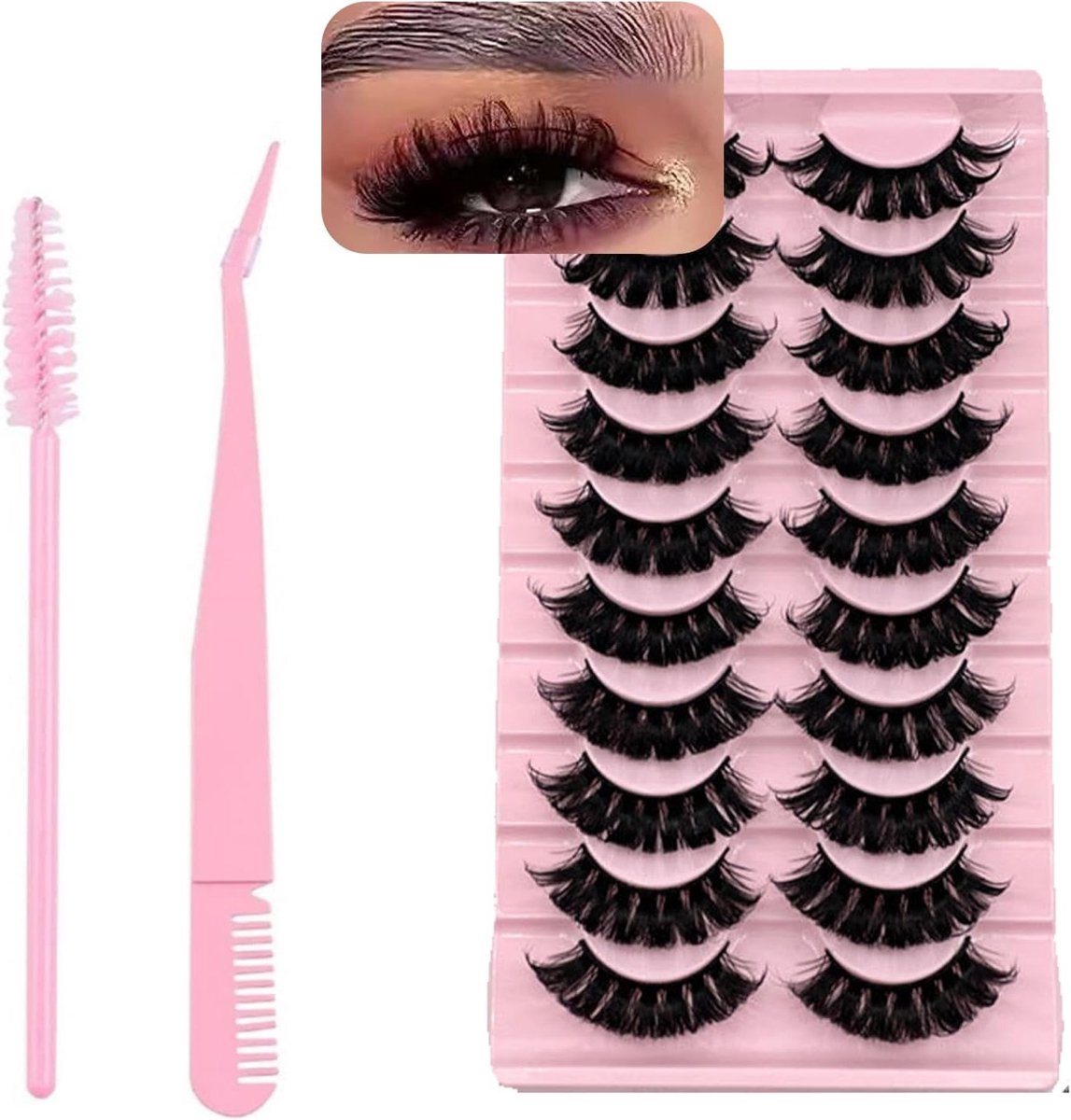 Fluffy Wimpers 20mm D Curl 8D Volume - Faux Mink Multipack met 10 Paar, Wimperpincet en Roze Mascara Wandjes voor een Dramatische Look