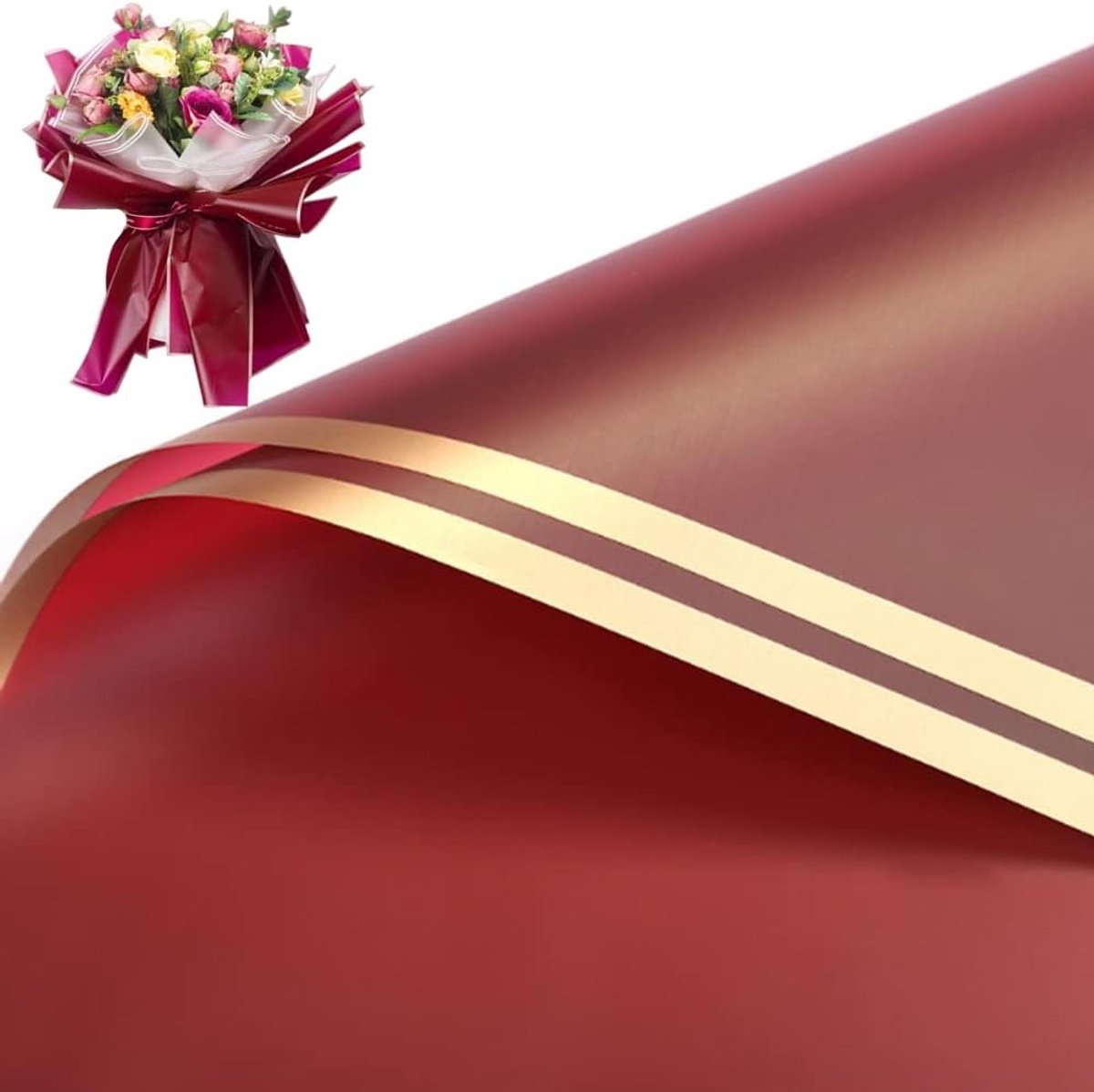 20 Vellen Goudrand Bloemen Inpakpapier voor Boeketten, Waterdicht en Ideaal voor DIY Creaties, Cadeauverpakking 58 x 58 cm (Bordeaux)