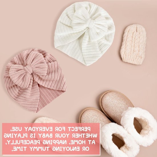 Zachte Baby Turban Hoeden met Strik, Elastische Caps voor Pasgeborenen en Peuters, Set van 2, Perfect voor Elke Gelegenheid — afbeelding 3