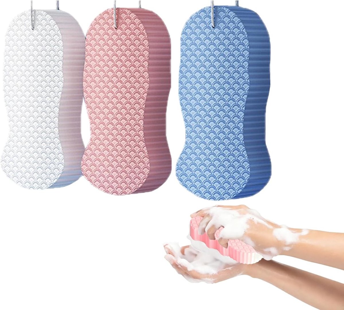 Herbruikbare douchespons set van 3, zachte scrubspons met visschubbenpatroon voor een comfortabele reiniging, ideaal voor volwassenen en kinderen