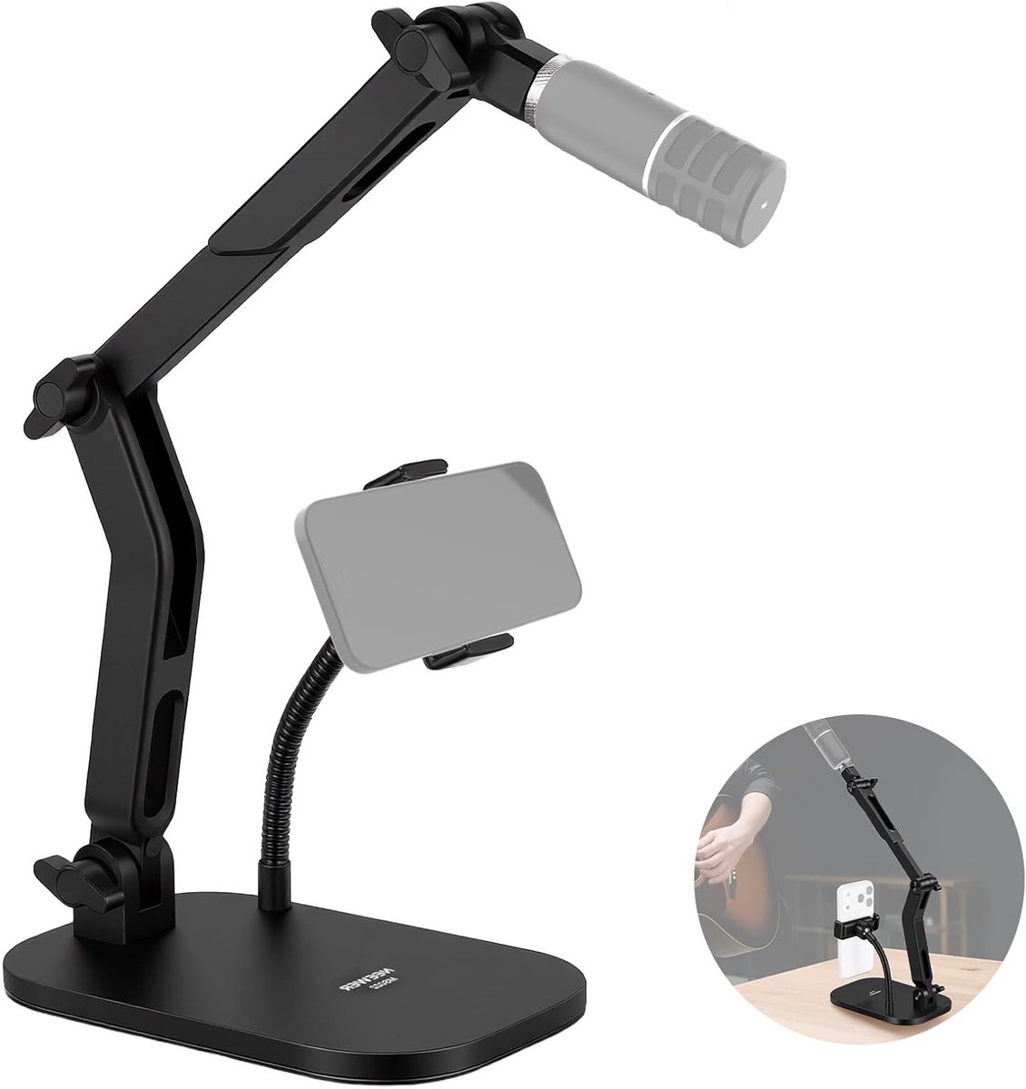 Verstelbare Microfoonstandaard met Telefoonhouder en Flexibele Arm voor Desk, Compatibel met Blue Yeti en Razer Seiren Mini, Ideaal voor Streaming en Podcasting