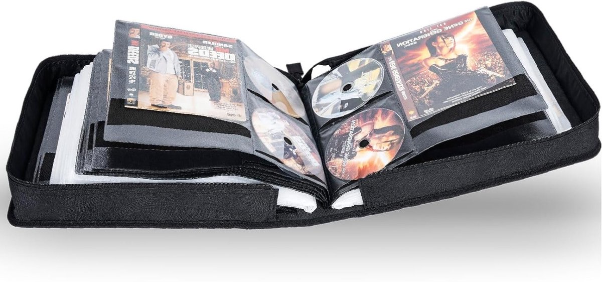 DVD en CD Opbergdoos met Extra Brede Titels, Draagbare Ringhouder, Album en Beschermende Film voor 200 Schijven en 100 Boeken Compartimenten