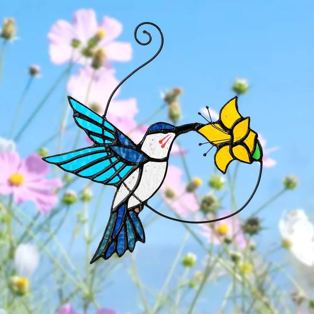 MiBeRu Glazen Suncatcher Kolibrie met Gele Bloem – Raamhanger – 20 x 19 cm