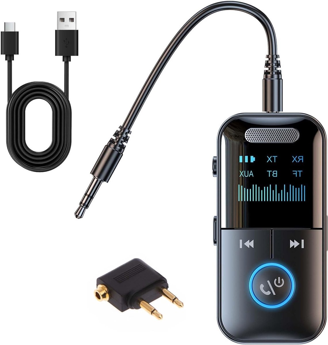 2-in-1 Bluetooth Adapter voor TV en Auto, Bluetooth 5.3, Dual Pairing, 3.5 mm Jack, Tot 12 Uur Gebruik