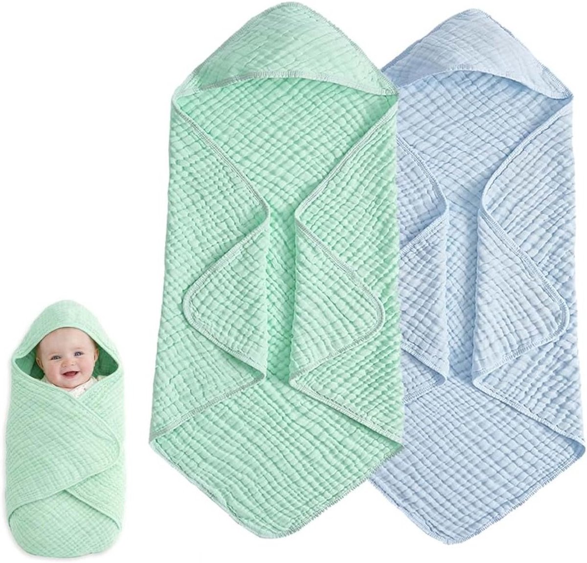 Zachte babyhanddoeken met capuchon, 2 stuks in lichtgroen, mousseline katoen, 90 x 90 cm, ideaal voor newborns en peuters
