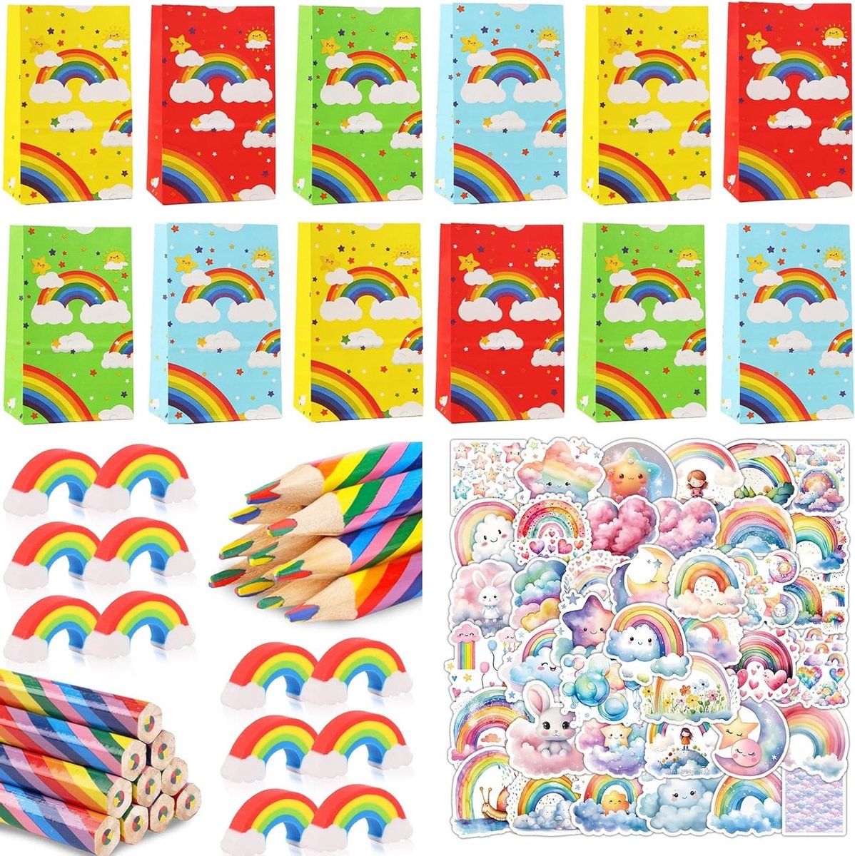 86-delige Regenboog Cadeauset voor Kinderen - 12 Regenboogpennen, 12 Papieren Tassen, 12 Gummetjes en 50 Stickers voor Verjaardagen en Feestjes