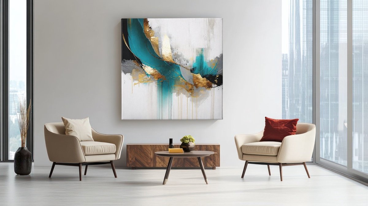 Trendex Global Vierkant Canvas Schilderij Goud Groen Abstract - Moderne Wanddecoratie voor Woonkamer - 60 x 60 cm