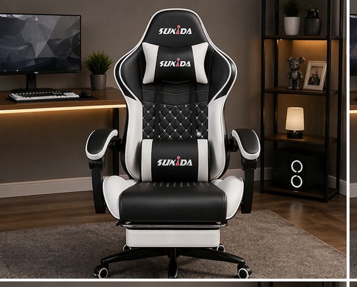 Gaming Stoel Ergonomisch met Voetensteun en Verstelbare Rugleuning 90–135° 52x62x129 cm – Kunstleren Gaming Chair met Lendensteun, Hoofdsteun en 360° Wielen – Blauw – Vermissen
