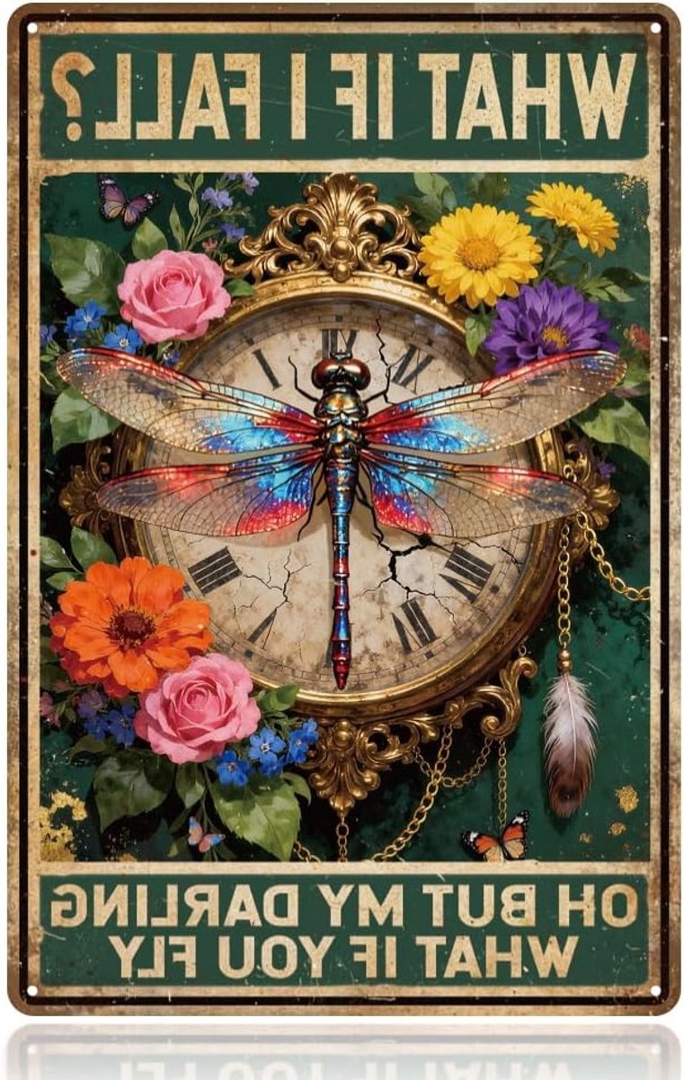 Vintage Metaal Wanddecoratie met Libelle Klok, Retro Stijl, Perfect voor Garage, Bar en Huis, 30 x 20 cm