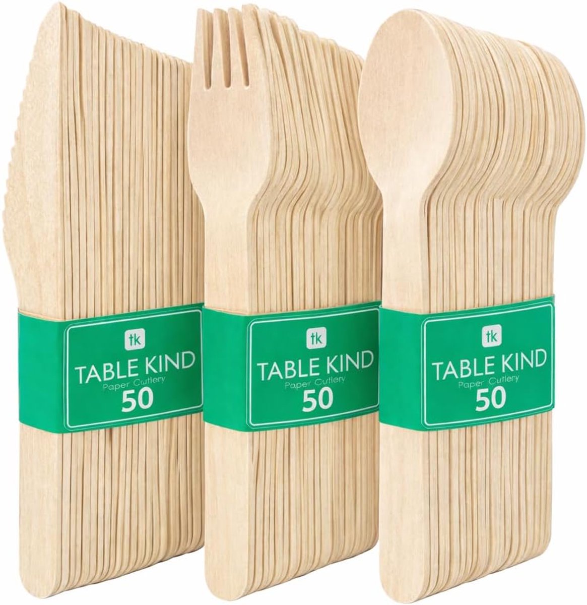Table Kind Houten Bestek Set 150 Stuks – Messen, Vorken & Lepels – Wegwerp Bestek voor Feest, BBQ, Camping & Catering – Gemaakt in EU Optional English line underneath:
