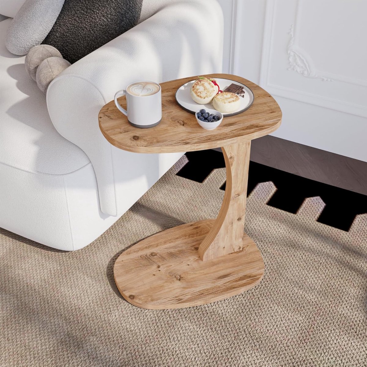 sugodesign Norma Bijzettafel - Bijzettafel met wielen - Bedtafeltje met Wielen - Notenhoutlook bijzettafel C-vorm - kleine stijlvolle salontafel