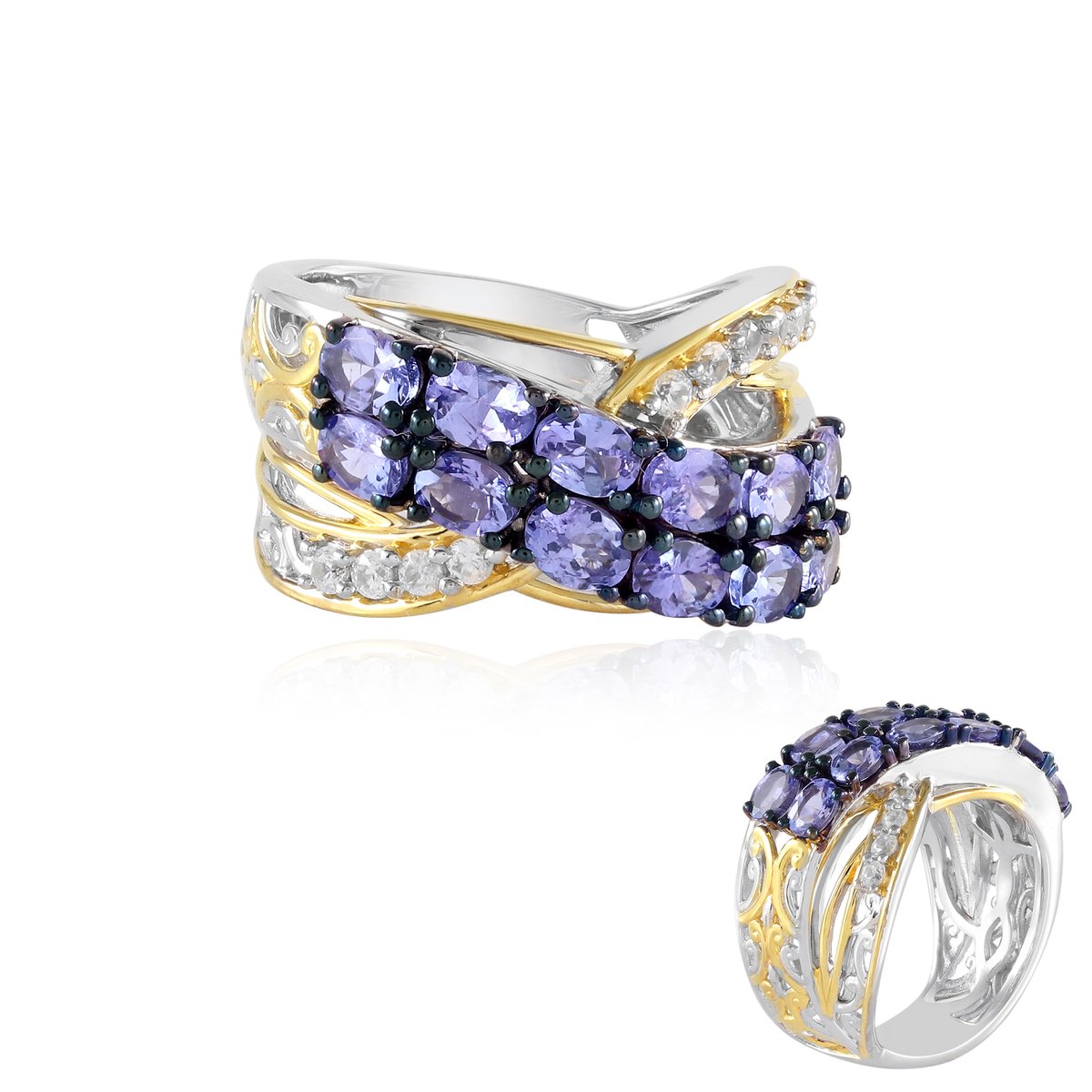 Cavill - Zilveren Verstelbare Ring - 925 Sterling Zilver Palladium - Ovaal Tanzaniet 2,16 ct - Zirkonen Accent - Luxe Damesring