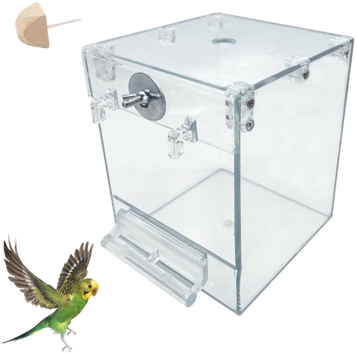 SPHProducts - Vogelbad voor kooi - Transparant en Lekvrij - Perfect voor Papegaaien - 12,5 x 12,8 x 16,4 cm - Inclusief Molarsteen - Geschikt voor Kle
